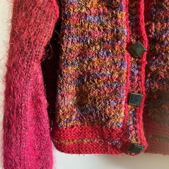 VINTAGE BOHO MOHAIR BLEND CHUNKY CARDIGAN BURGUNDY MULTI COLORED - Picture 5 of 8